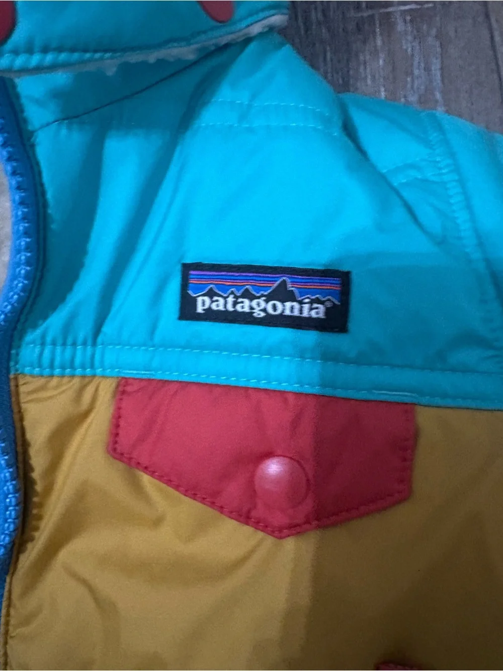 Patagonia Reversible Kids Jacket in Teal, Mustard & Cream Tribbles 3T